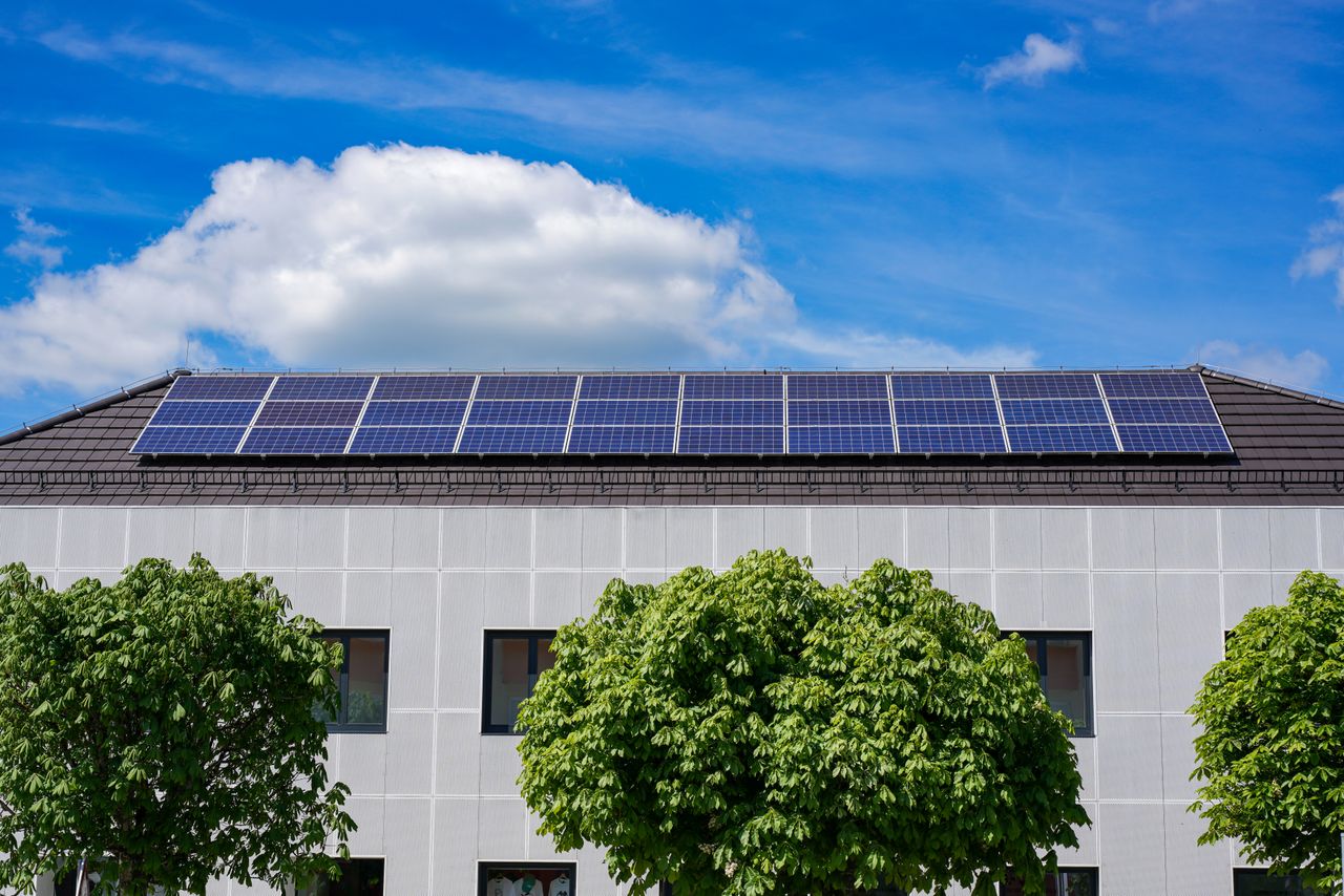 Services Energy-efficient building topped with solar panels and surrounded by lush trees.